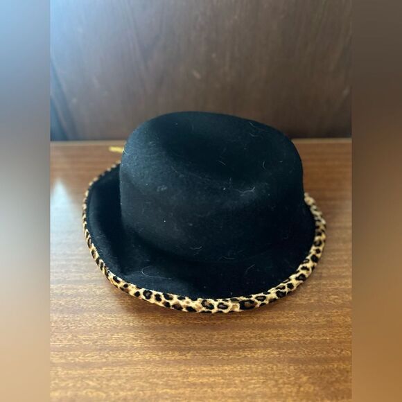 Black Hat with Leopard Print Trim with vintage adornment